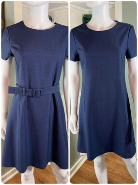 Theory Hanneli Wool Blend Navy Blue Belted Mini Side Panel Shift Dress Sz 6